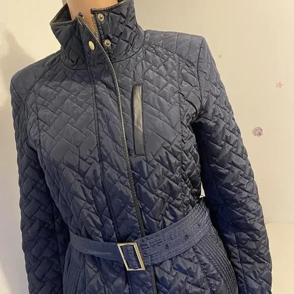 Cole Haan Signature NavyBlue Leather Trim quilted belted Coat Jacket SP Zip Snap - Picture 9 of 13
